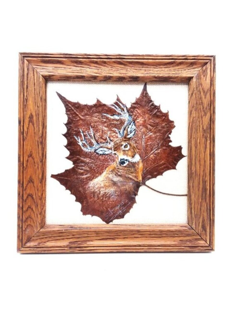 VTG Hand Painted Buck Deer Real Leaf Wood Framed Hunt Cabin Lodge Sign Ed Spears